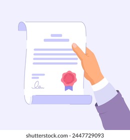 Hand holding document with seal and signature, diploma, certificate. Flat illustration concept with characters for landing page. Vector illustration collection for website, banner, landing page.