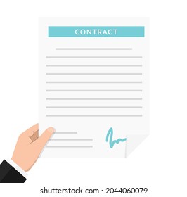 Handgehaltenes Dokument mit Unterschrift, Vertrag, weißer Hintergrund, Vektorgrafik