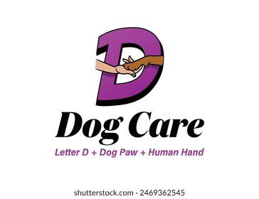 Hand Holding Dog Paw Inside Purple Letter D Logo - Dog Care Vector Design