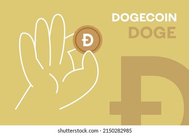 Hand holding Dogecoin meme cryptocurrency editable vector. DOGE crypto flat design banner.  (doge) token yellow bronze icon for apps, web and animation.