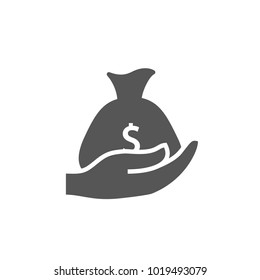 Hand holding dollar bag icon isolated on white background. Trendy hand holding dollar bag icon in flat style. Template for app, ui and logo, vector illustration, eps 10
