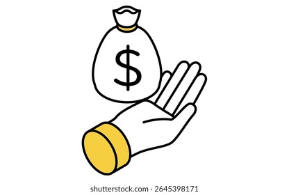 Mano que sostiene el icono simple del dibujo de la línea del bolso del dólar, ilustración isométrica de la riqueza, finanzas y gestión del efectivo, Ilustración vectorial