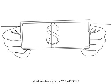 
Hand holding dollar banknote, rich business concept, rice, payment, cash or trade-continuous line vector image.