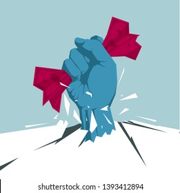 Hand holding dollar banknotes to break through the ground.Isolated on blue background.