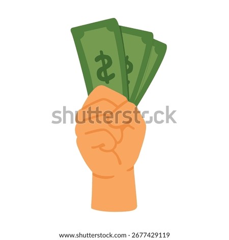 Hand holding dollar banknotes flat cartoon style sticker isolated on white background