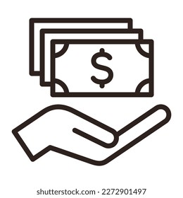 Tener billetes en dólares a mano, ahorrar dinero icono, dinero salarial, invertir finanzas aisladas en fondo blanco 