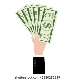 Hand Holding Dollar Bill or Cash Money. Vector Illustration Isolated on White Background.