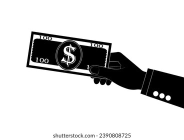 Hand Holding Dollar Bill or Cash Money Silhouette Black and and White. Vector Illustration. Growing Money, Saving and Investment Concept. 