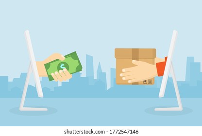 Hand holding dollar bill. Delivery man holding box out from computer screen. City background. Digital marketing. Business and finance concept. Transportations concept. 