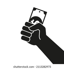 Hand holding a dollar bill. Payment with money, buying or purchase, salary and earnings icon. Flat vector illustration isolated on white background.