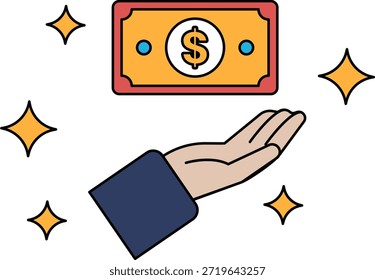 Una mano sostiene un billete de un dólar. El billete de un dólar está rodeado de estrellas