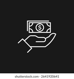 Hand Holding Dollar Bills on Black Background, Representing Giving Money or Financial Transactions, White Outline Icon