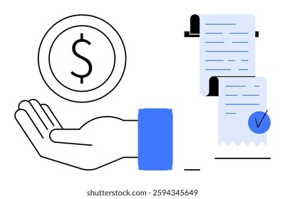Hand holding a dollar coin alongside a transaction receipt indicating paid status Ideal for, finance business accounting transactions payment processing bookkeeping vector minimalistic blue black