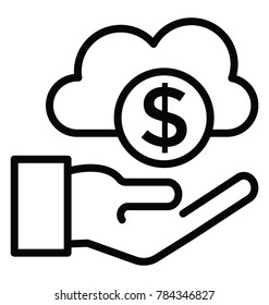 Hand holding dollar coin with cloud, concept of cloud funding line icon