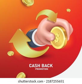 Hand holding a dollar coin or gold coin and there were golden arrows revolving around and coins floating around in mid-air,vector 3 d on red background for  cash back promotion advertising template