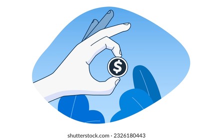 Hand holding dollar coin. Investment, profit, payment concept. Simple outline style. Vector illustration