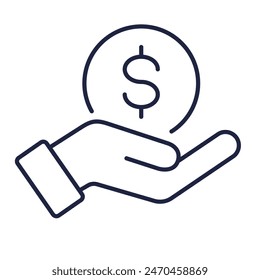 Hand holding a dollar coin line icon. Save money, salary, finance, cash concept. Logo symbol for web and mobile isolated on white background. Editable vector stroke. Pixel Perfect.