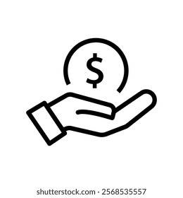 Hand holding a dollar coin line icon. Save money, salary, finance, cash concept. Logo symbol for web and mobile isolated on white background. Editable