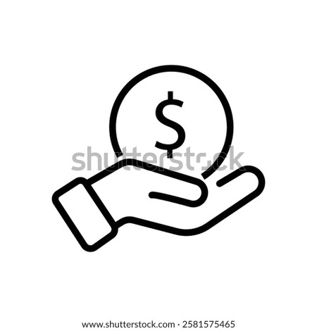  Hand holding a dollar coin line icon. Save money, salary, finance, cash concept. Logo symbol for web and mobile isolated on white background. Editable