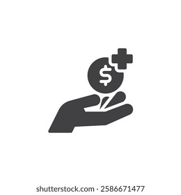 Hand holding a dollar coin with a plus vector icon. filled flat sign for mobile concept and web design. Staking crypto glyph icon. Symbol, logo illustration. Vector graphics