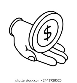 Hand holding dollar coin, savings icon in trendy style, premium vector design