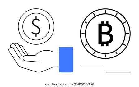 Hand holding a dollar coin symbol facing a bitcoin coin symbol, representing the exchange between traditional and digital currencies. Ideal for finance, investment, cryptocurrency, technology