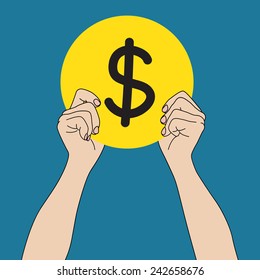Hand holding dollar coin, vector format