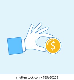 hand holding dollar coin. Vector image isolated on white background.