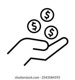 Hand holding dollar coins icon in outline style. Editable stroke.