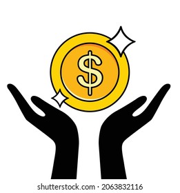 hand holding dollar gold coin. vector illustration