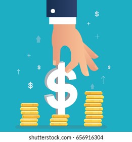 hand holding dollar icon on coin graph, business concept illustration