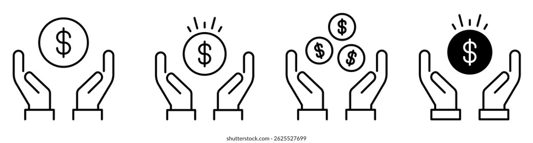 Hand Holding a Dollar Icon set. Donation symbol for web design and mobile app. Save Money line logo. Vector illustration.