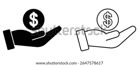 Hand holding dollar icon vector symbol, give dollar coin vector outline and black icon. Saving money icon, salary money. Money savings and finance vector linear icons set. Vector illustration.