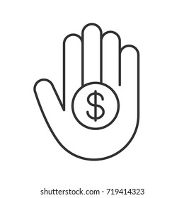 Hand holding dollar linear icon. Thin line illustration. Money. Contour symbol. Vector isolated outline drawing