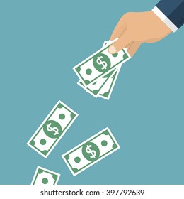 Hand holding dollar. Money in hand isolated. Vector illustration, flat design style. Giving money. Spending money.