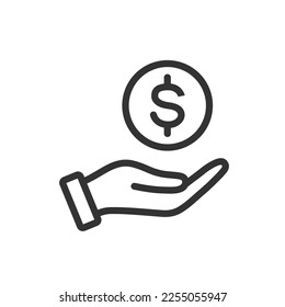 Hand holding dollar outline vector icon isolated on white background. Investment or save money concept stock illustration