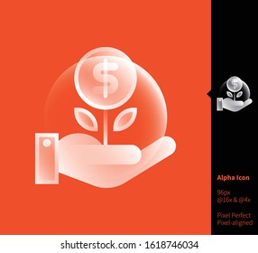 hand holding dollar sapling alpha icon - vector illustrations for branding, web design, presentation, logo, banners. Transparent gradient icon on random background, pixel-aligned on 96x96 pixel.