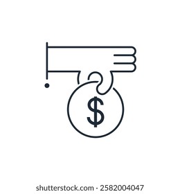  Hand holding dollar. Save money , salary money, invest finance . Vector linear icon isolated on white background.