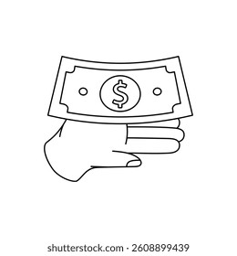 A hand holding a dollar sign outline symbol. Business and finance. Vector illustration.