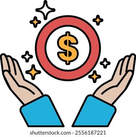 A hand holding a dollar sign with a red circle around it. The dollar sign is surrounded by stars, giving it a sense of wealth and prosperity