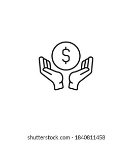 Ilustración del vector del icono de línea delgada simple con signo de dólar de mano
