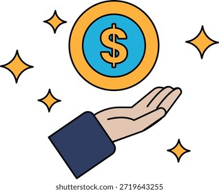 Eine Hand, die ein Dollarzeichen hält. Das Dollarzeichen ist von Sternen umgeben