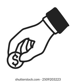 Mano sosteniendo signo de dólar. Moneda de dinero de icono de Vector. Ilustración del concepto financiero, representa temas financieros como la inversión, el ahorro, el pago o las transacciones monetarias.