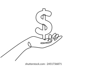 Hand holding dollar symbol continuous one line drawing art.