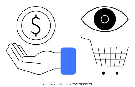 Hand holding a dollar symbol, an eye, and a shopping cart suggest themes of finance, investment, economy, transaction, and surveillance. Ideal for business, finance, commerce, investment, marketing