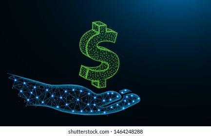 Hand holding a dollar symbol low poly design, invest or borrow money in polygonal style, financial insurance wireframe vector illustration made from points and lines on a white background