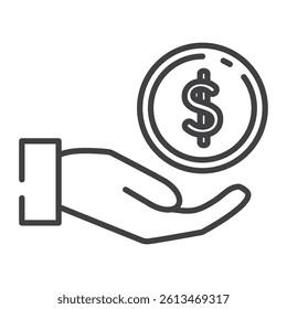 Hand holding a dollar vector illustration. Money saving icon, paycheck money, investing finances,  line symbols isolated on transparent background.