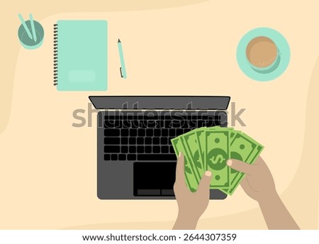 hand holding dollars bank notes, home office workplace.