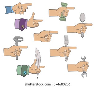 hand holding dollars , wrench, a spoon, a fork, a quill pen and the tool. It shows a finger forward.