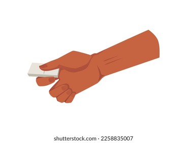 Hand holding domino piece, flat vector illustration isolated on white background. Gambling and entertainment board games icon or symbol, leisure time activity.